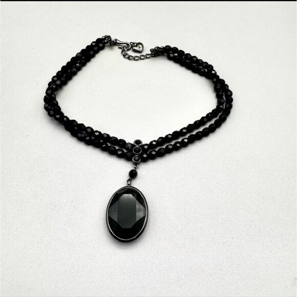 Carolee Necklace Black Beaded Faceted Chunky Pendant DBL Strand 12" Chain NWOT - Picture 4 of 8